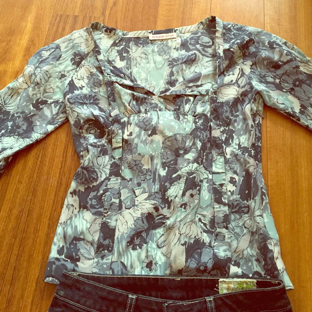 Rebecca Taylor Floral Print Top - Blue and Gray